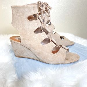 Suede Open Toe Lace Zip Up Wedge cage Shoes 7.5